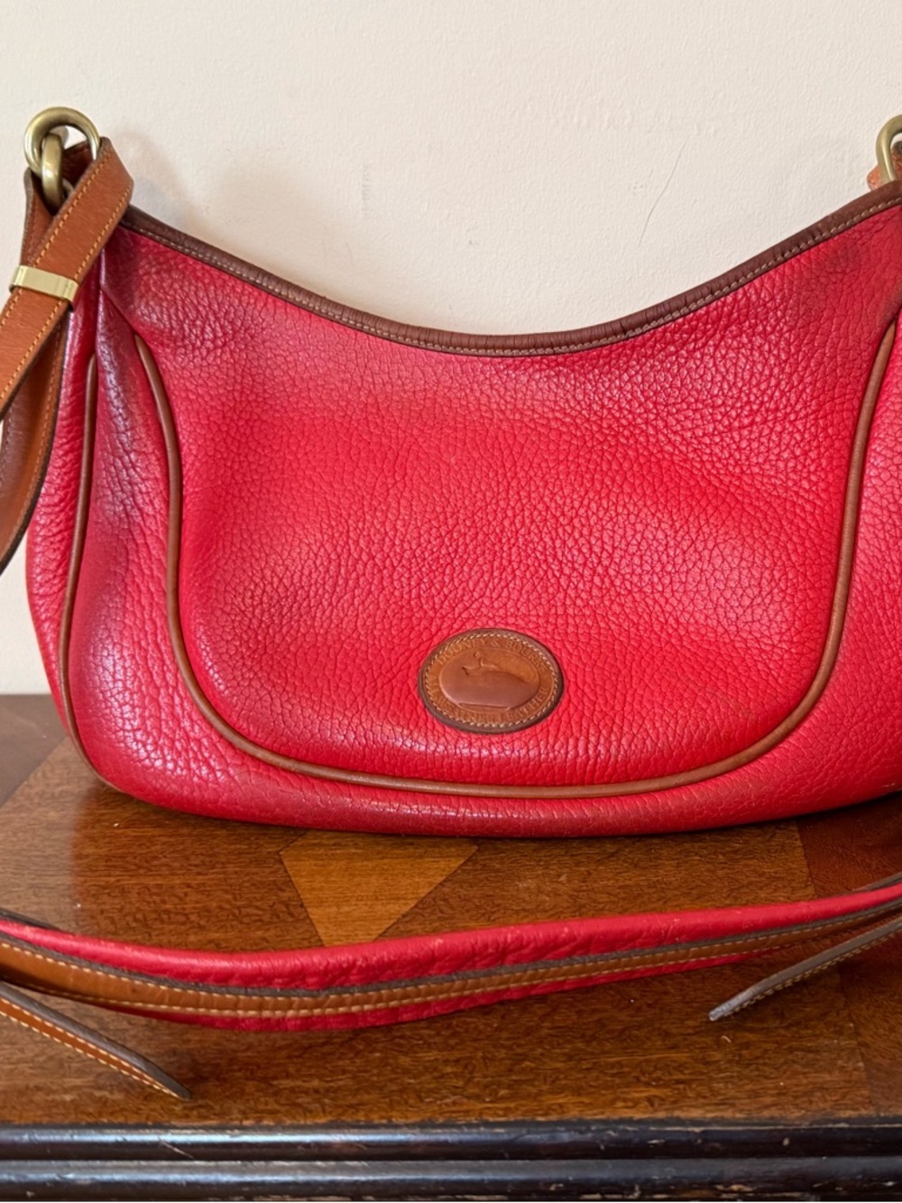 Dooney & Bourke Red Pebbled Leather Shoulder Bag with Brown Trim